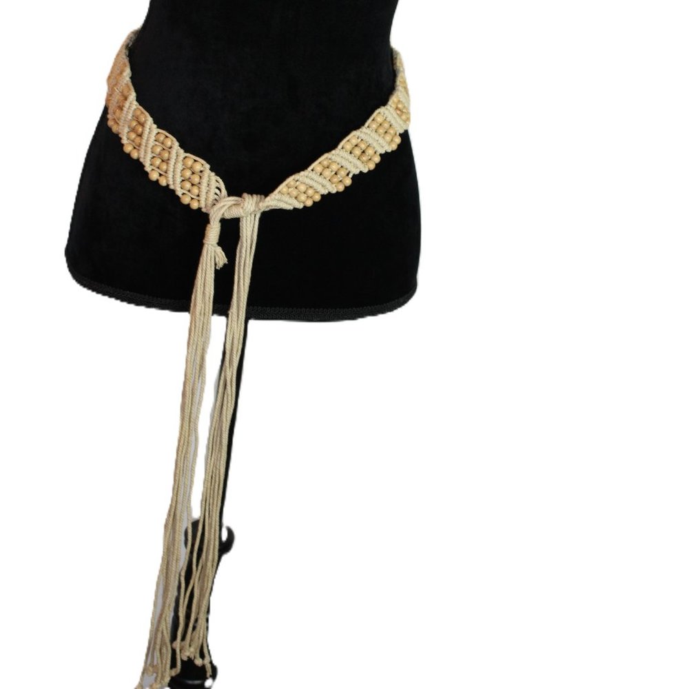Macrame Belt with Wooden Beads Tan colored Belt 30" Tassels 20" Boho